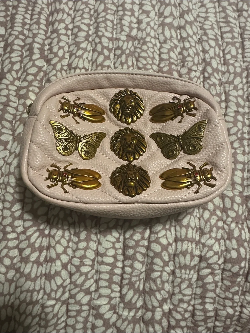 Women's Quilted Pale Pink Crossbody Pouch with Gold Animal Studs